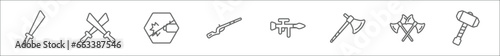 outline set of weapons line icons. linear vector icons such as katana with handle, two katanas, no shooting, musket, bazooka, boarding, battle, thor hammer