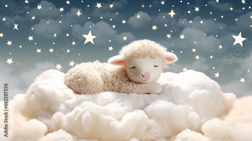 a little lamb sleeping on a cloud watercolor.