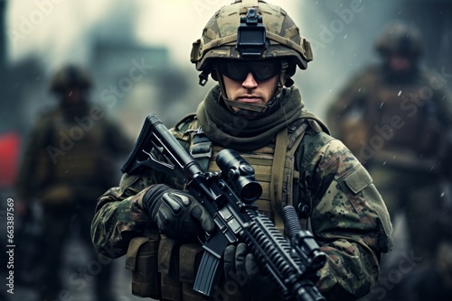 Soldier in tactical uniform in battle field photo
