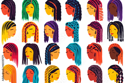 Box braids quirky doodle pattern, wallpaper, background, cartoon, vector, whimsical Illustration