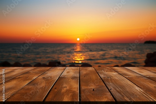 Seaside serenity An empty table with a stunning, blurred sea sunset © Jawed Gfx