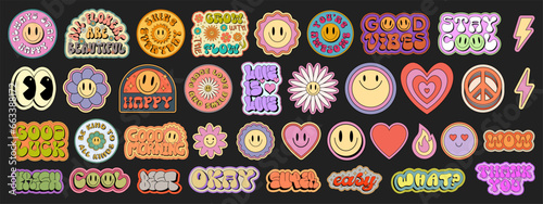 Cool Groovy Stickers Pack Vector Design. Pop Art Smile Patches. Trendy Y2K Emoji Elements. Comic Emoticons.