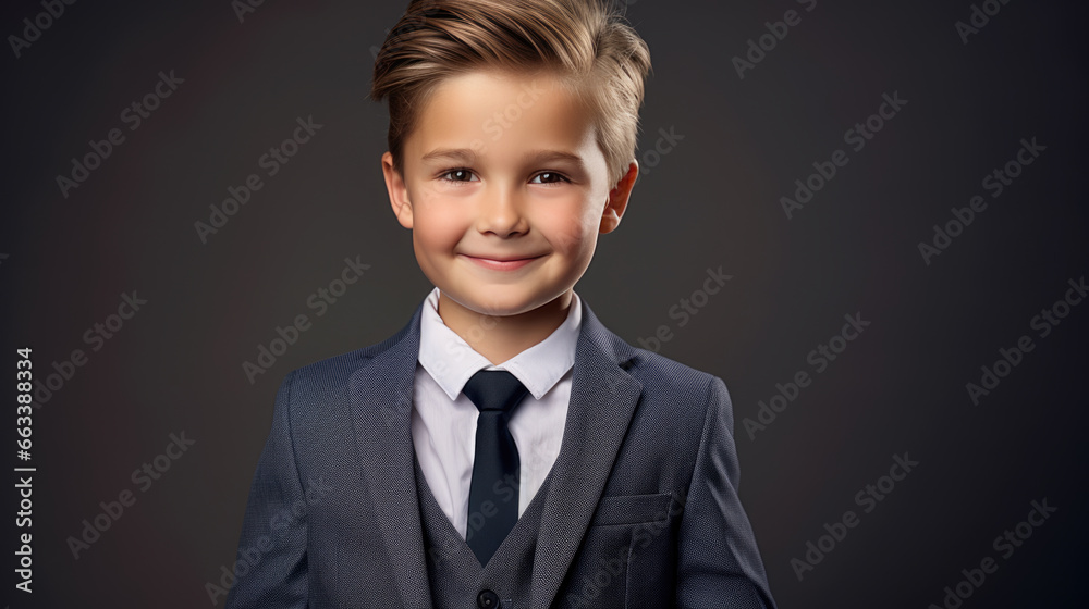Little boy dressed as a businessman stands against a black background. Little boy dressed as a businessman stands against a black background.