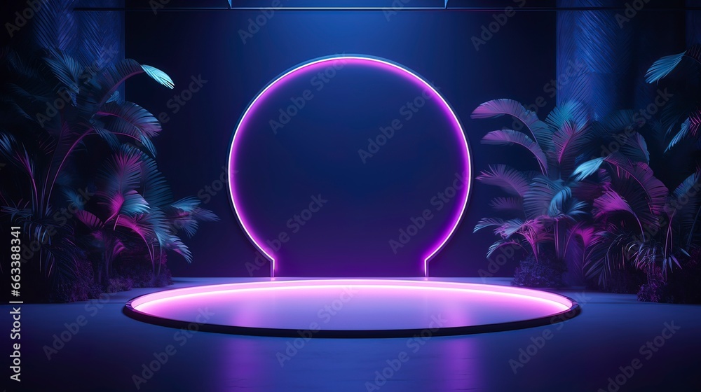 Night neon empty background, tropical leaves. Generation AI