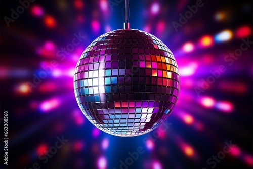 Shiny disco ball in 3D rendering against a neon background