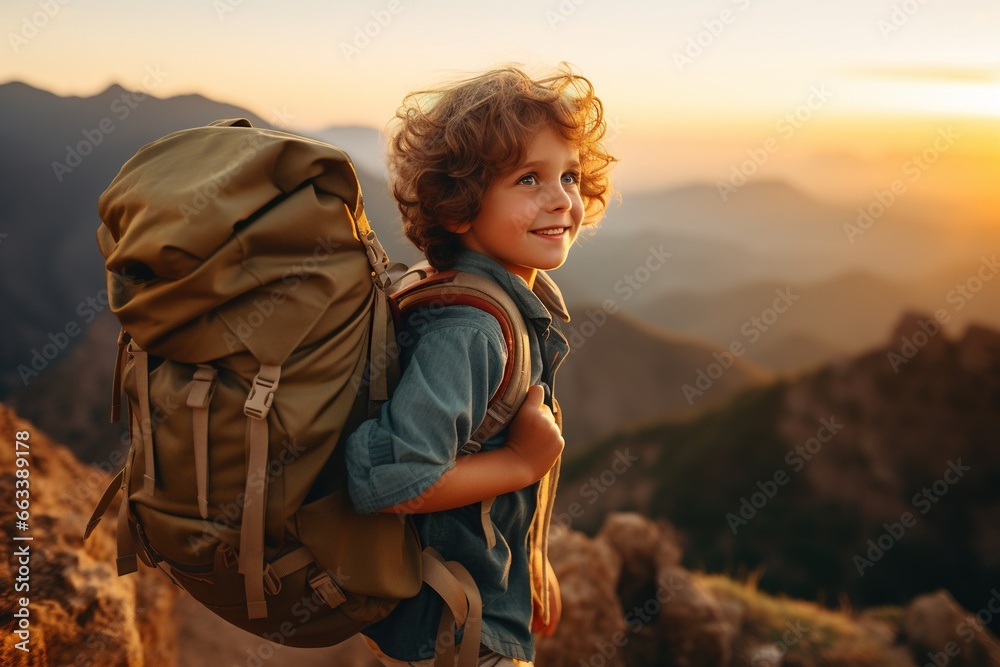 Fototapeta premium Adorable little boy with backpack hiking in mountains at sunset. Travel and active lifestyle concept