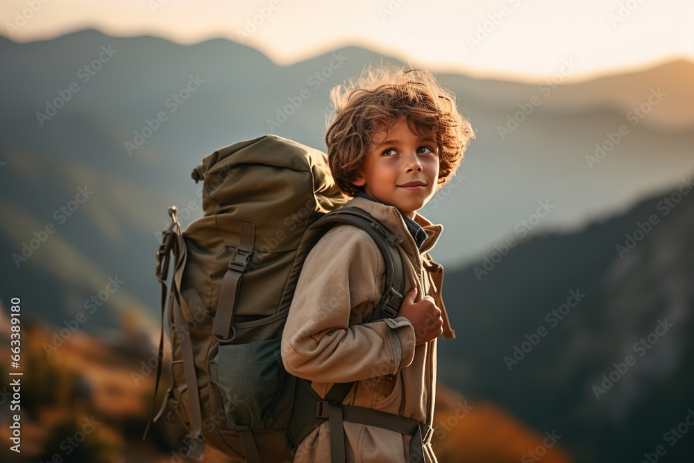Naklejka premium Adorable little boy with backpack hiking in mountains at sunset. Travel and active lifestyle concept