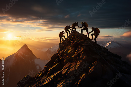 Summit Ascent United Team of Mountain Climbers Scale Peaks, Supporting Each Other on the Path to Triumph. created with Generative AI © photobuay
