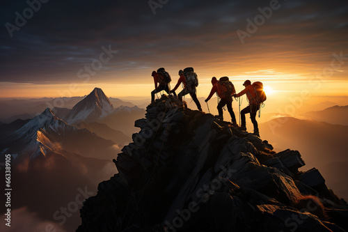 Summit Ascent United Team of Mountain Climbers Scale Peaks, Supporting Each Other on the Path to Triumph. created with Generative AI