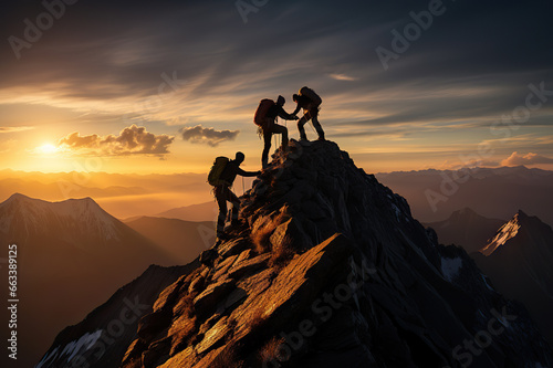 Summit Ascent United Team of Mountain Climbers Scale Peaks, Supporting Each Other on the Path to Triumph. created with Generative AI