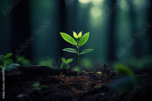 Nature's Resilience A Tender Green Tree Seedling Thriving and Growing Amidst the Woods' Canopy. created with Generative AI