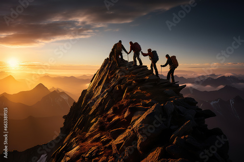 Summit Ascent United Team of Mountain Climbers Scale Peaks, Supporting Each Other on the Path to Triumph. created with Generative AI © photobuay