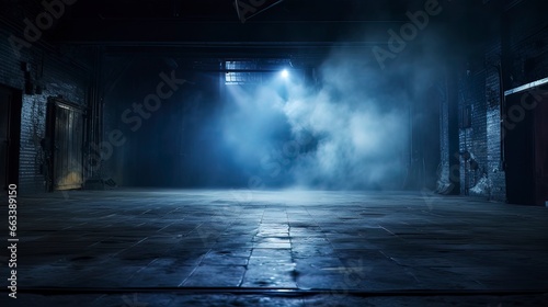Night dark empty street, smoke, smog, fog, neon light, spotlights. Generation AI