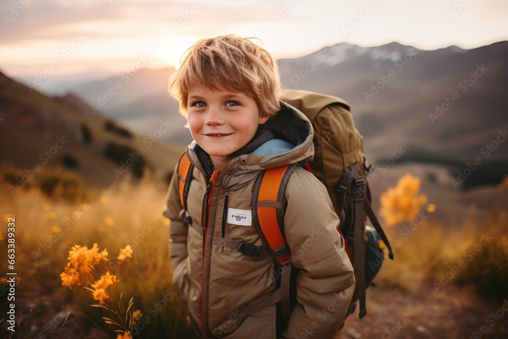 Adorable little boy with backpack hiking in mountains at sunset. Travel and active lifestyle concept Adorable little boy with backpack hiking in mountains at sunset. Travel and active lifestyle concept