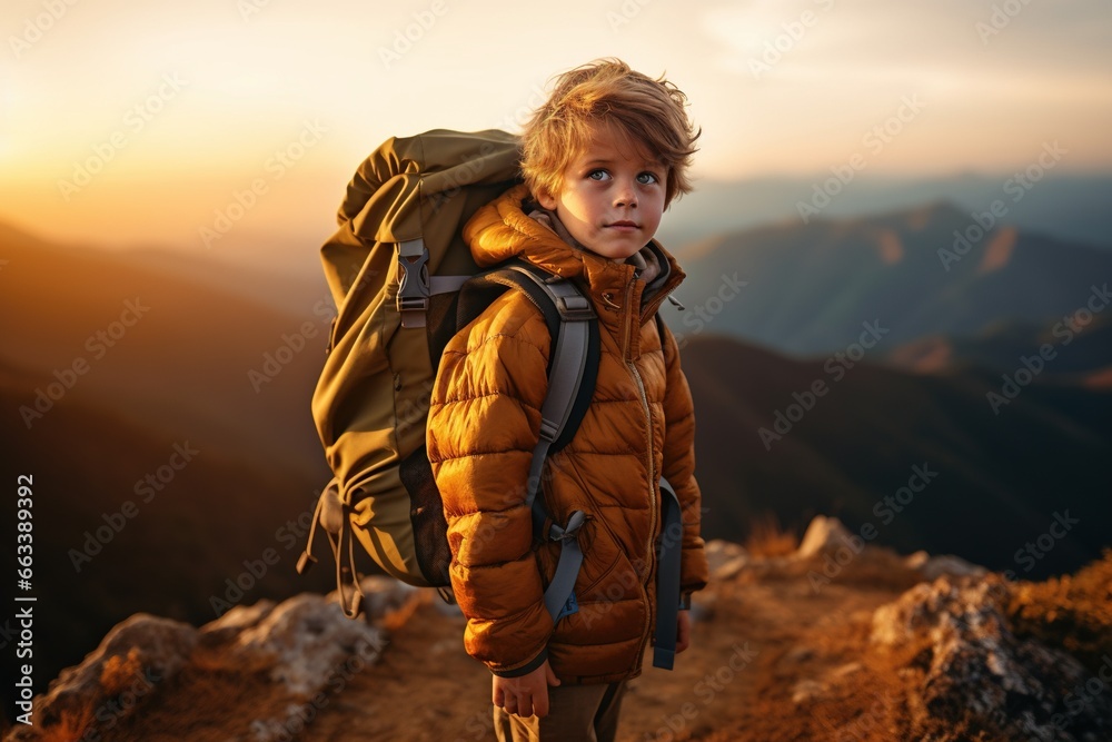 Adorable little boy with backpack hiking in mountains at sunset. Travel and active lifestyle concept Adorable little boy with backpack hiking in mountains at sunset. Travel and active lifestyle concept