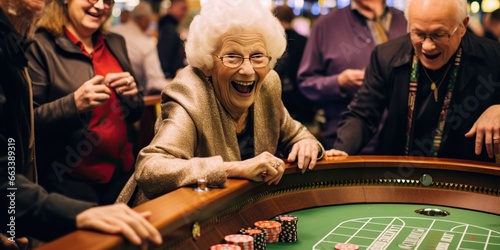 An elderly individual trying her luck at a roulette table, surrounded by a crowd of onlookers, concept of Risk-taking