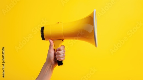 Hand holds a megaphone on a yellow background. Concept of hiring, advertising