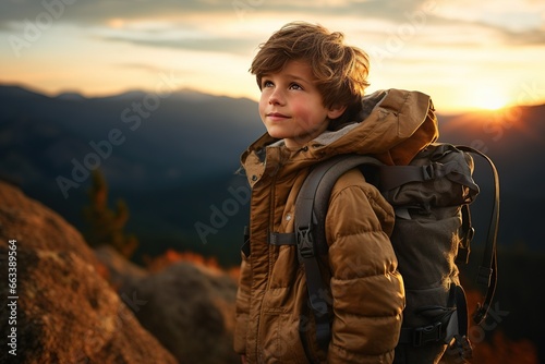 Adorable little boy with backpack hiking in mountains at sunset. Travel and active lifestyle concept