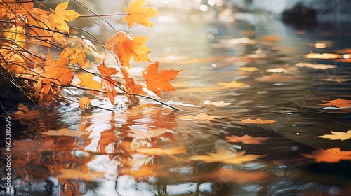 Autumn leaves in puddles  rainy autumn. Generation AI