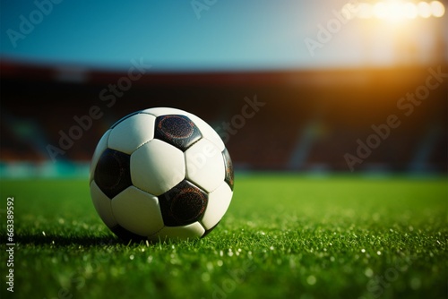 Sporting scene Soccer ball on the field, with stadium background photo