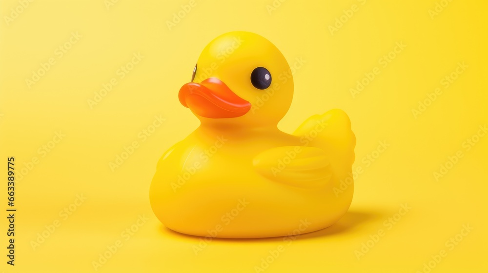 Yellow rubber Duck toy isolated on yellow. Minimal creative concept.