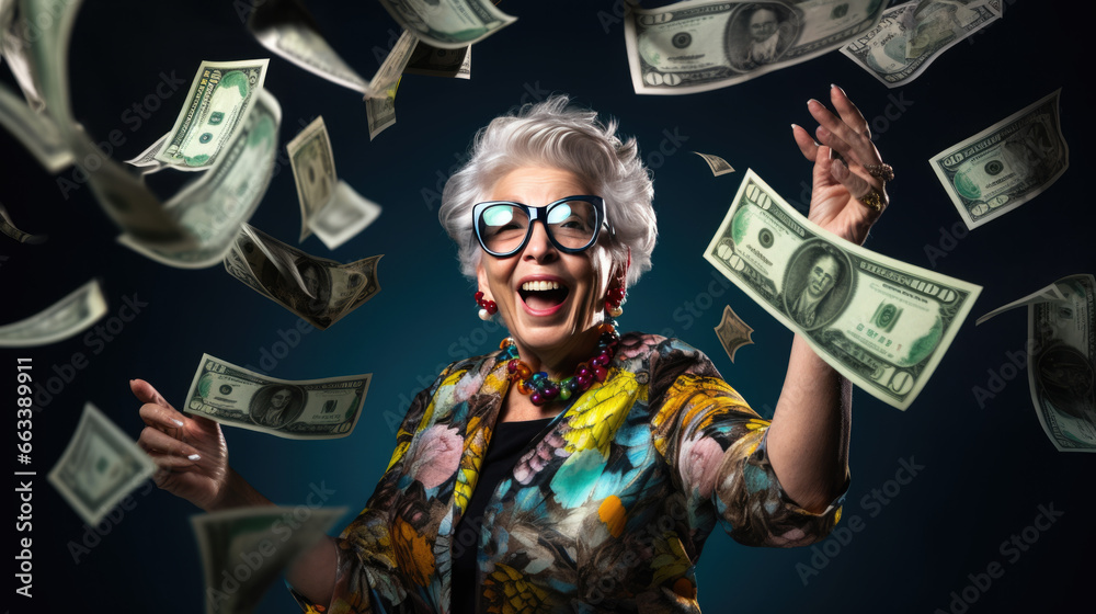 Senior woman stands under money fly rain. - obrazy, fototapety, plakaty 