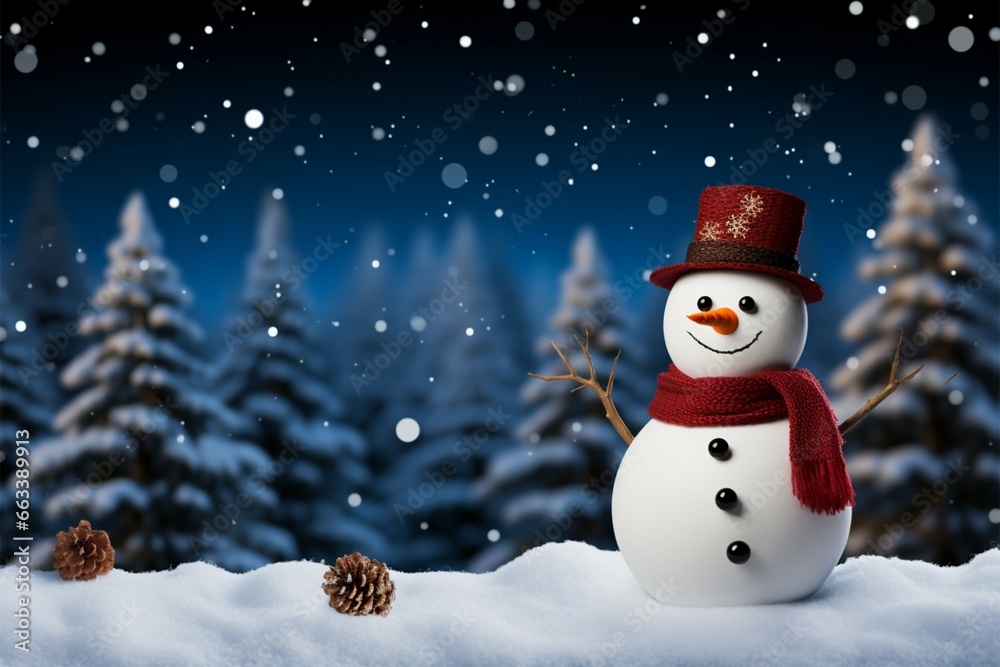 Snowman in a winter wonderland, surrounded by pine trees and snowfall