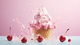  an ice cream cone with pink icing and cherries.  generative ai