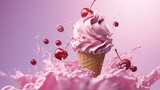  a pink ice cream cone with cherries on top of it.  generative ai