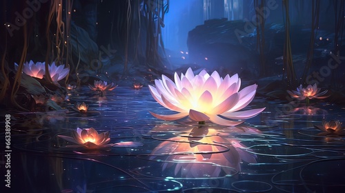 Magical lotus flower on the water, neon light, reflection, magical light. Generation AI