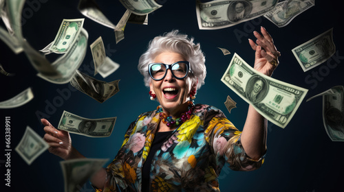 Senior woman stands under money fly rain.