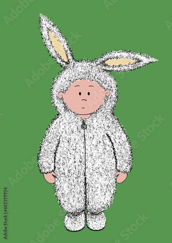 Young child in a cute furry rabbit onesie. Dressing up in a new bodysuit for Christmas or Easter. Bunny rabbit costume.