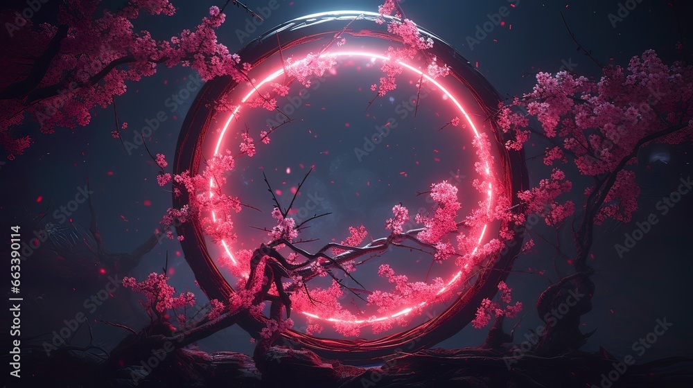 Fantasy landscape, pink neon circle, sakura branches. Generation AI - obrazy, fototapety, plakaty 