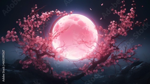Fantasy landscape, pink neon circle, sakura branches. Generation AI