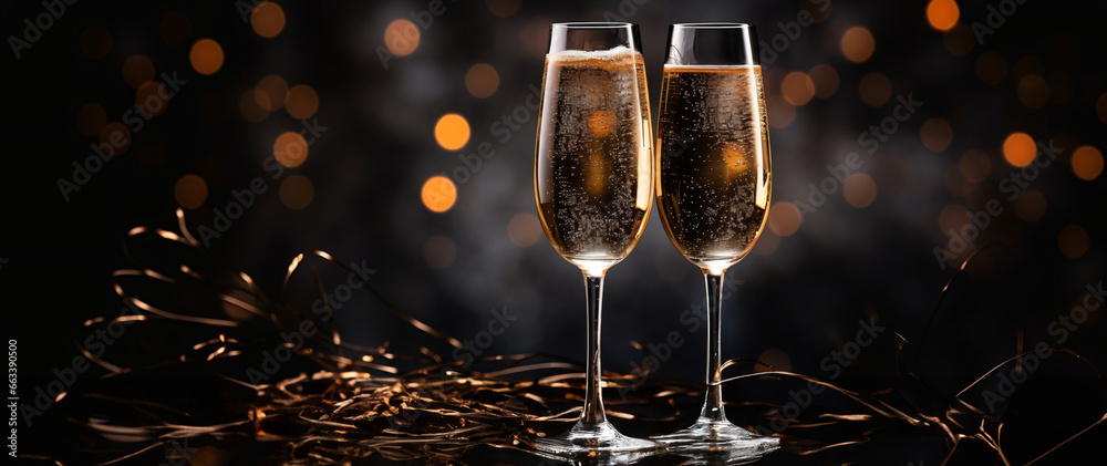 Happy New Year 2024! Two glasses with champagne, ash and serpentine bokeh on a dark background - obrazy, fototapety, plakaty 
