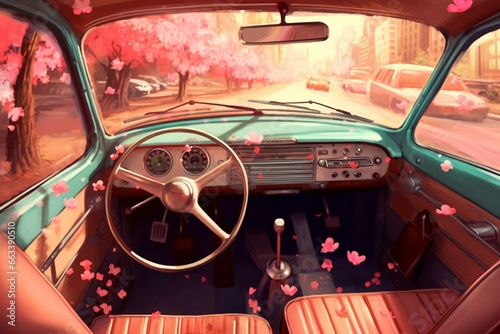 Illustration of vintage car interior adorned with vibrant blossoms and steering wheel. Generative AI