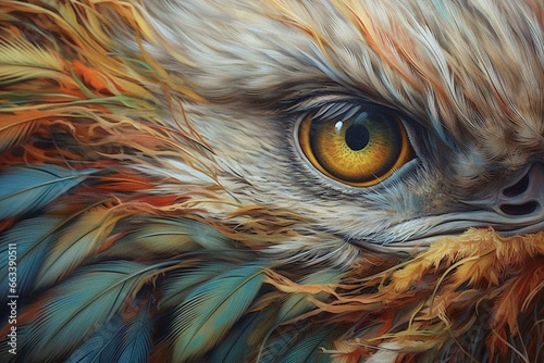A detailed close-up of a bird's eye with feathers, depicted in fantasy art. Generative AI photo