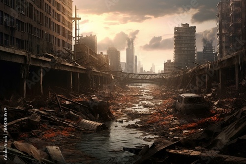 A haunting view of a city ravaged by a catastrophic event. The surroundings are bleak and abandoned, with decimated structures and broken infrastructure. Generative AI