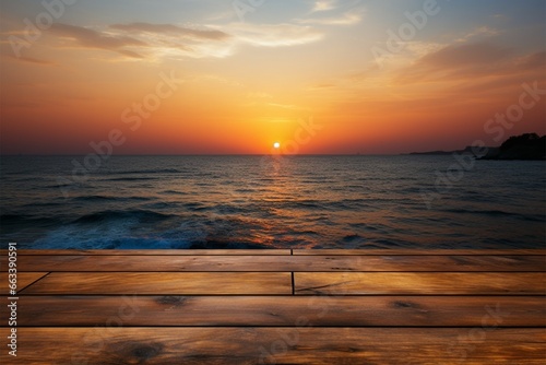 Sunrise serenity Wooden table with a backdrop of a stunning, blurred sea sunrise © Jawed Gfx