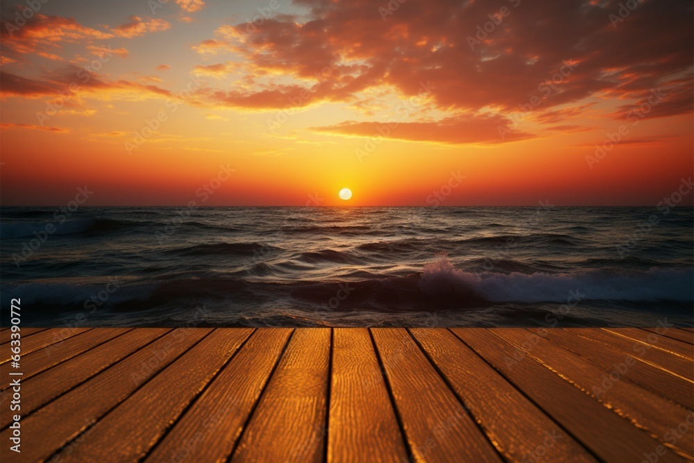 Naklejka premium Sunsets embrace The seas beauty captured on a blurred wooden table