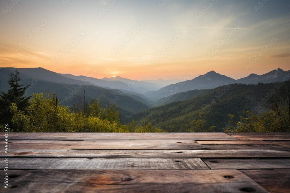 Sunset sky and mountain vistas blurred behind a rustic wooden table