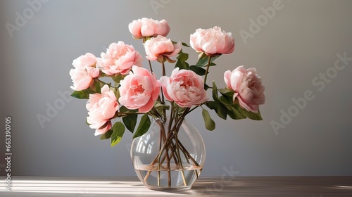 Delicate peonies in a glass vase on the table  minimalism. Generation AI