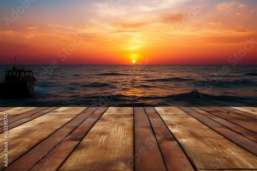 Sunset serenity Wooden table against the beauty of a sea sunset © Jawed Gfx
