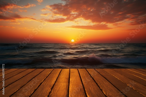 Sunsets embrace The seas beauty captured on a blurred wooden table © Jawed Gfx
