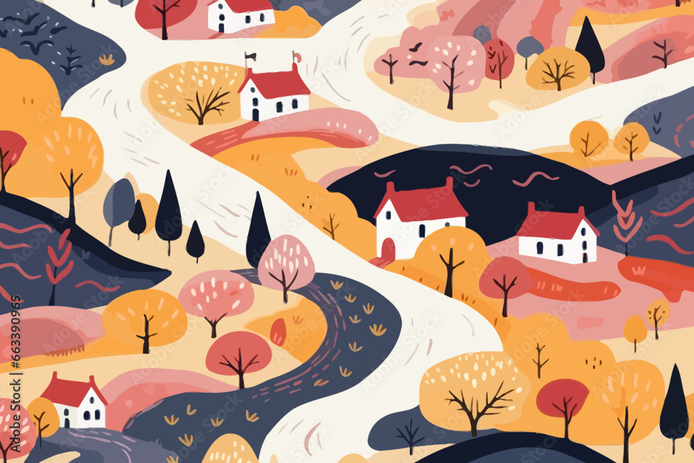 Country landscapes quirky doodle pattern, wallpaper, background, cartoon, vector, whimsical Illustration