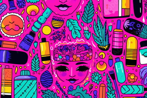 Neon makeup quirky doodle pattern, wallpaper, background, cartoon, vector, whimsical Illustration
