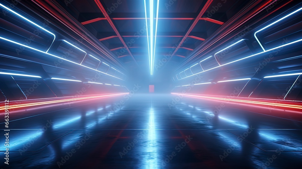 Dark neon corridor. Sci Fy neon glowing lamps in a dark tunnel. Reflections on the floor and walls, rays and spotlights. Generation AI Dark neon corridor. Sci Fy neon glowing lamps in a dark tunnel. Reflections on the floor and walls, rays and spotlights. Generation AI