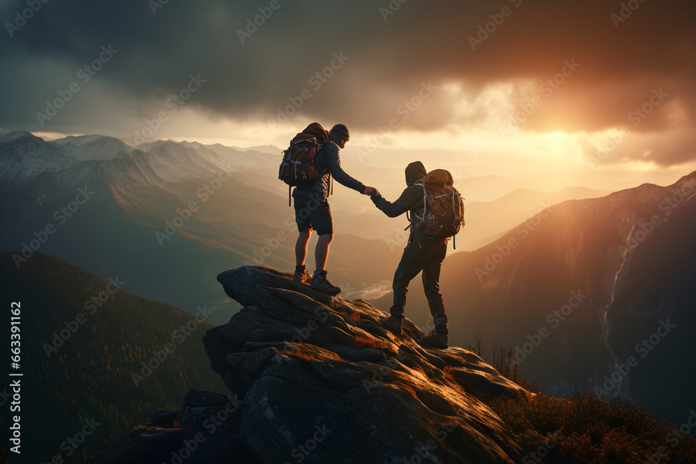 A Hiker helping a friend who is about to fall from the cliff to reach the mountain top, close-up image.