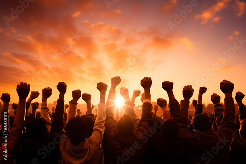 Multi-ethnic people raise their fists up in the air, during the autumn sunset background.