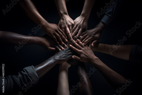  multi-ethnic Hands united together in the air in an office room. Working together concept